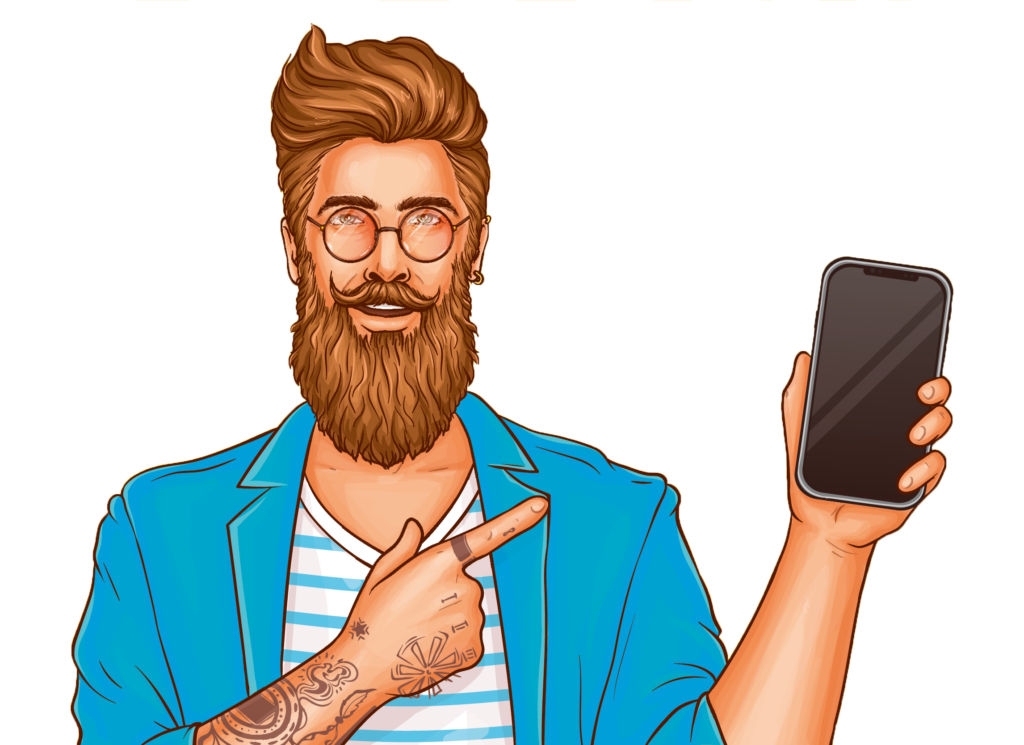 Mann mit Bart und Brille zeigt auf ein Smartphone in seiner Hand